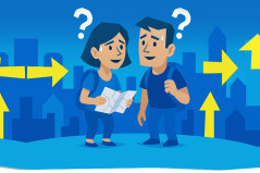 Een man en een vrouw die verdwaald zijn in een stad