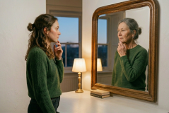 Vrouw ziet zelf ouder in spiegel