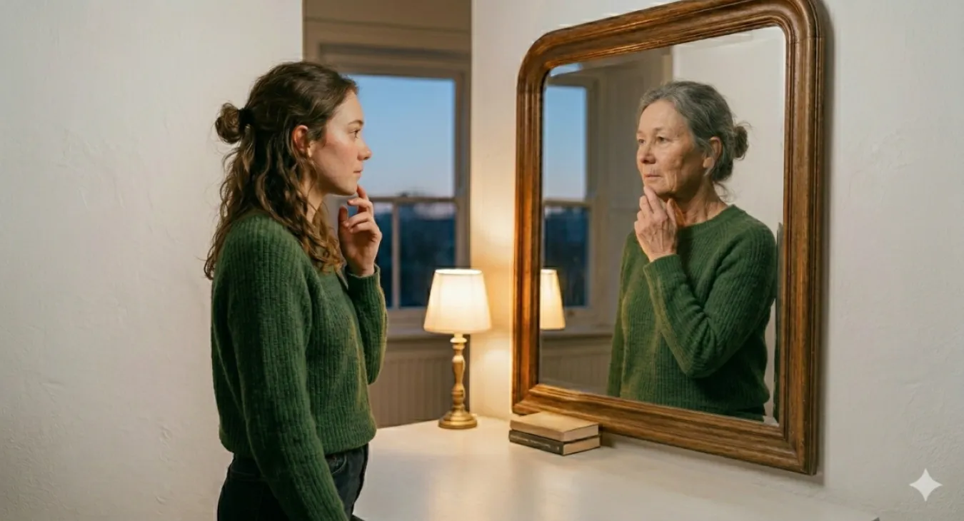Vrouw ziet zelf ouder in spiegel