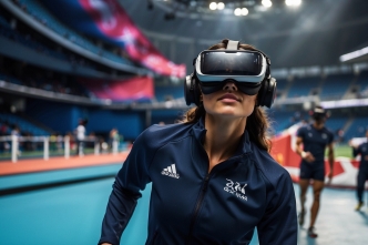 Een Olympische atleet die virtual reality gebruikt in een stadion (AI-gegenereerd).